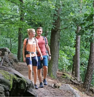 zwei Personen in Wanderkleidung mit Rücksäcken laufen durch den Wald